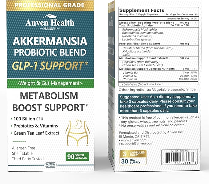 GLP-1 Supplement 100 Billion Akkermansia Probiotic &amp Prebiotic for Gut Health &amp Digestion Metabolism &amp Energy Support with Vitamin B2 &amp D Green Tea and Chromium - Non-GMO | 180 Capsu