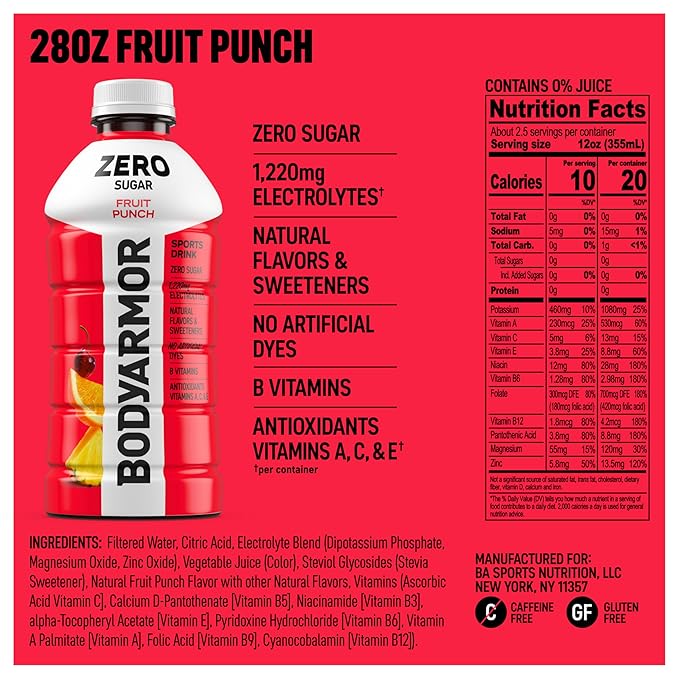 BODYARMOR ZERO Sugar Fruit Punch Sugar Free Sports Drink - Low-Calorie Hydration - Natural Flavors with Potassium Packed Electrolytes Antioxidants and B-vitamins 28 fl oz (Pack of 15)