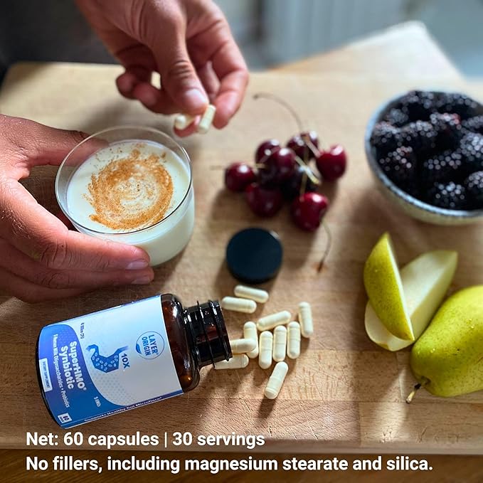 Layer Origin SuperHMO: Synbiotic Capsules with 5 HMO Prebiotics &amp 40 Billion CFU Probiotics - Bifidobacteria &amp Lactobacillus 60 Count
