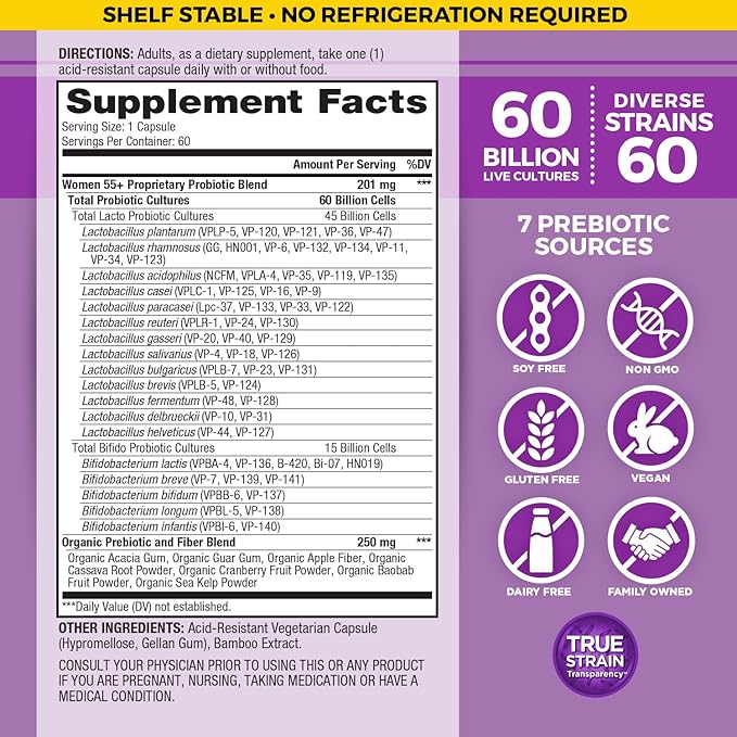 Vital Planet - Vital Flora Probiotics for Women Over 55 Daily Shelf Stable Probiotic 60 Billion CFU 60 Diverse Strains 7 Organic Prebiotics Immune Support and Digestive Health 60 Capsules