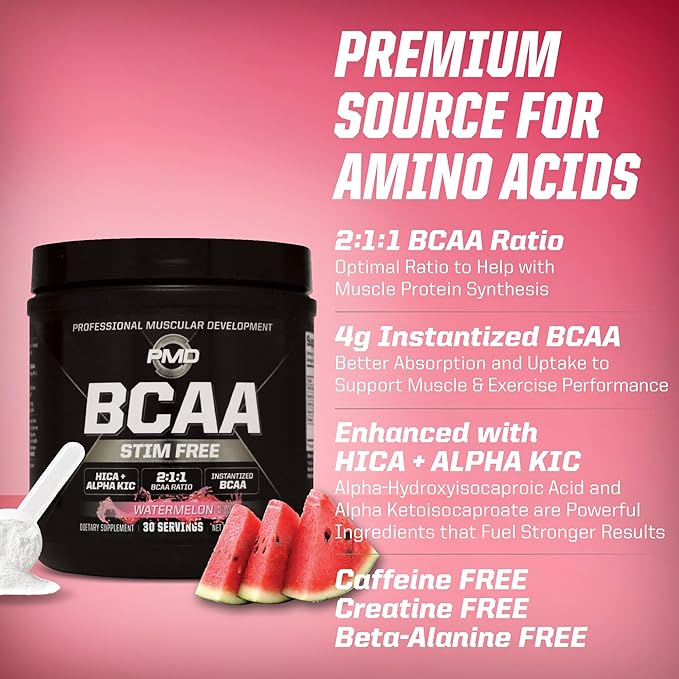 PMD Sports BCAA Stim-Free Amino Acids - Better Workout Performance Enhanced Recovery Daily Energy Muscle Builder and Muscle Sparing - BCAA Powder Drink Mix - Watermelon (30 Servings)