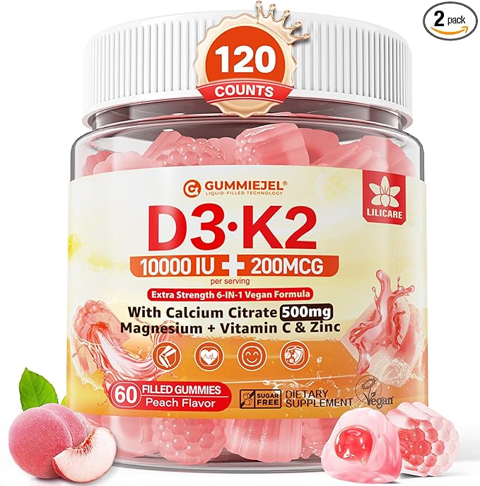 Vitamin D3 K2 Filled Gummies 5000IU / 10000 IU with 500mg Calcium + K2(MK-7) 200mcg Magnesium Vitamin C &amp Zinc Extra Strength - Ultimate Absorbency for Bones Muscles Teeth Vegan -- Pack of 2