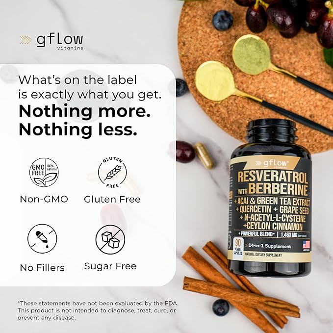 gflow vitamins Resveratrol Supplement with Berberine Green Tea Extract Ceylon Cinnamon Grape Seed &amp Quercetin1000mg Quercetin N Acetyl cysteine Acai | 100% Natural Max Strength | Made in USA
