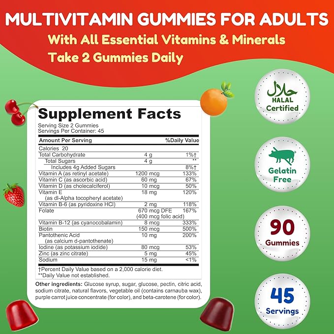 Halal Multivitamin Gummies for Women &amp Men | Immune &amp Overall Wellness | 90 Delicious Gummy Vitamins (45-Day Supply). Non-GMO &amp Vegetarian Essential Halal Vitamins w/ Folate Zinc B12 Bi