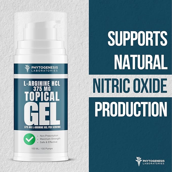 L-Arginine HCL 375mg Gel - Topical Nitric Oxide Support for Circulation &amp Performance - Advanced High Absorption Transdermal Formula - 375mg L-Arginine HCL per Serving