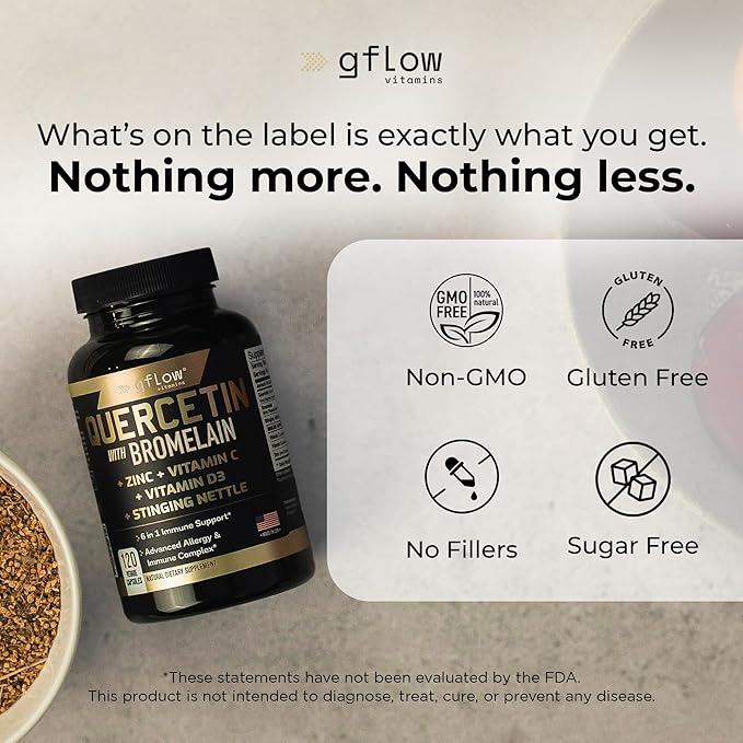 gflow vitamins Quercetin with Bromelain Stinging Nettle Supplement Zinc Vitamin C Vitamin D | Non-GMO Gluten-Free | Made in USA | 2 Months Supply