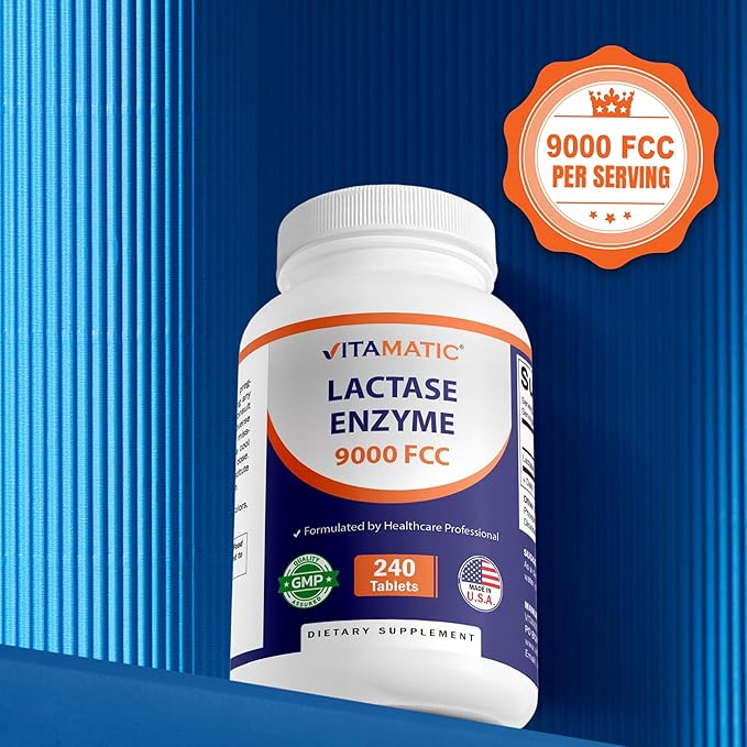 Vitamatic Lactase Enzyme 9000 FCC 240 Tablets - Lactose Intolerance Relief Caplets- 2 Pack
