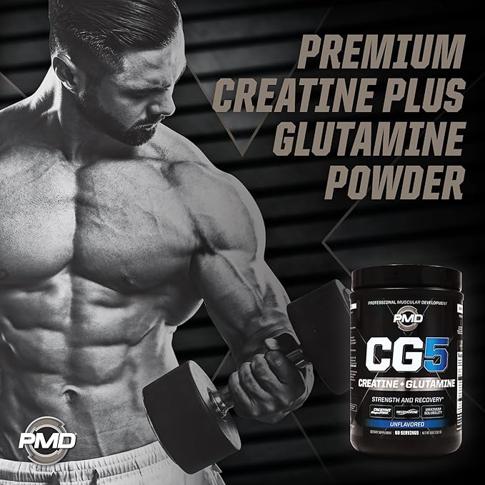 PMD Sports CG5 Premium Creatine &amp L Glutamine Powder Power Recovery Build Lean Muscle Increase Workout Performance Maximum Strength Pre Workout &amp Post Workout Unflavored 60 Servings