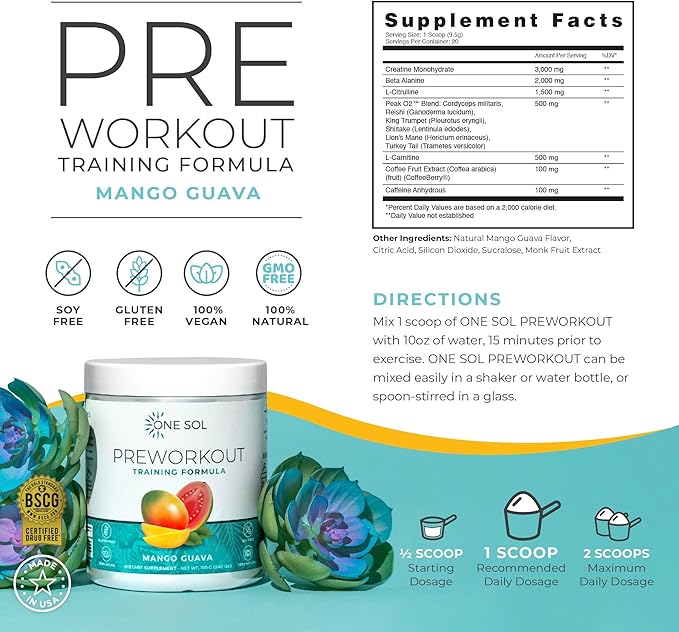 One Sol Creatine &amp Pre-Workout Bundle for Women: Boost Lean Muscle Recovery Energy &amp Focus with Natural Vegan Supplements (Unflavored Creatine &amp Mango Guava Pre-Workout)