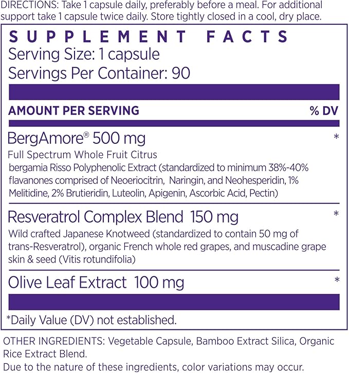 NAOMI Italian Citrus Bergamot 500mg + Resveratrol Award-Winning Cardiologist Dvlpd Supports Normal Cholesterol &amp Healthy Cellular Function 7 Key Polyphenols Resveratrol &amp Olive Leaf 90-Da
