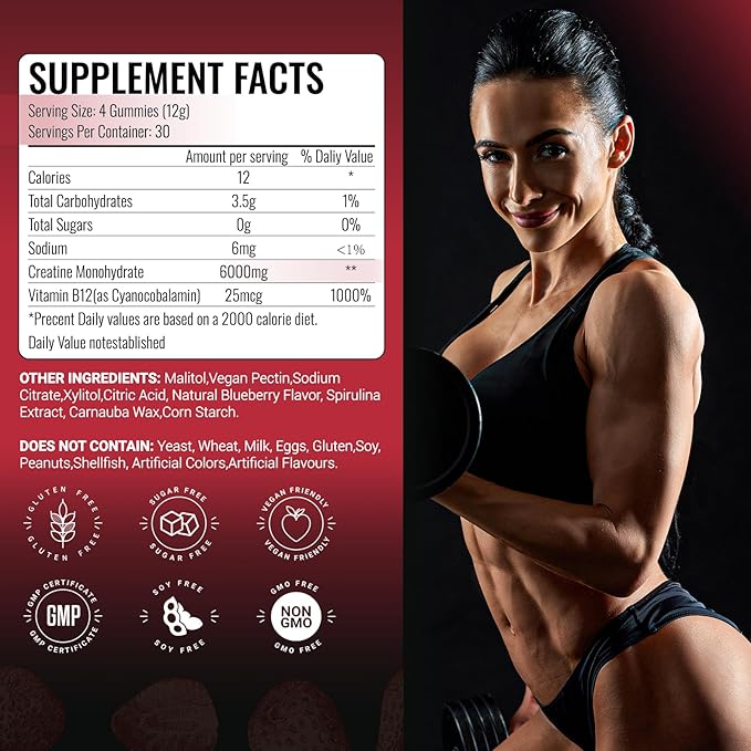 Creatine Monohydrate Gummies 6g for Men WomenComplex Creatine Monohydrate Chewable for Muscle StrengthMuscle BuildingEnergy BoostPre-Workout Energy SupplementVegan Strawberry - 120 Count