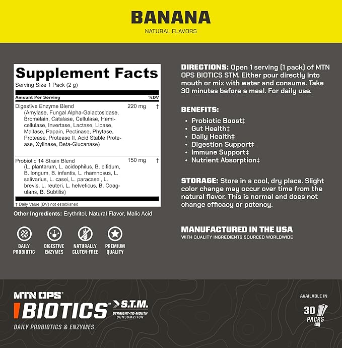 MTN OPS Biotics STM On‑the‑Go Probiotic Supplement for Gut Health Digestion &amp Immune Support – Sugar‑Free Natural Flavors Variety Pack 30 Servings – Fast Convenient Daily Gut Health Formula