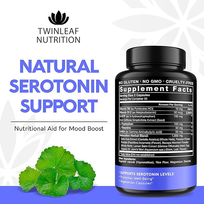 Natural Serotonin Supplement - Made in USA Manganese Serotonin &amp Cortisol Manager - Serotonin Booster Vitamin Supplement for Women with 5-HTP Vitamin B6 B12 GABA L Theanine L Tryptophan - 60 Capsu