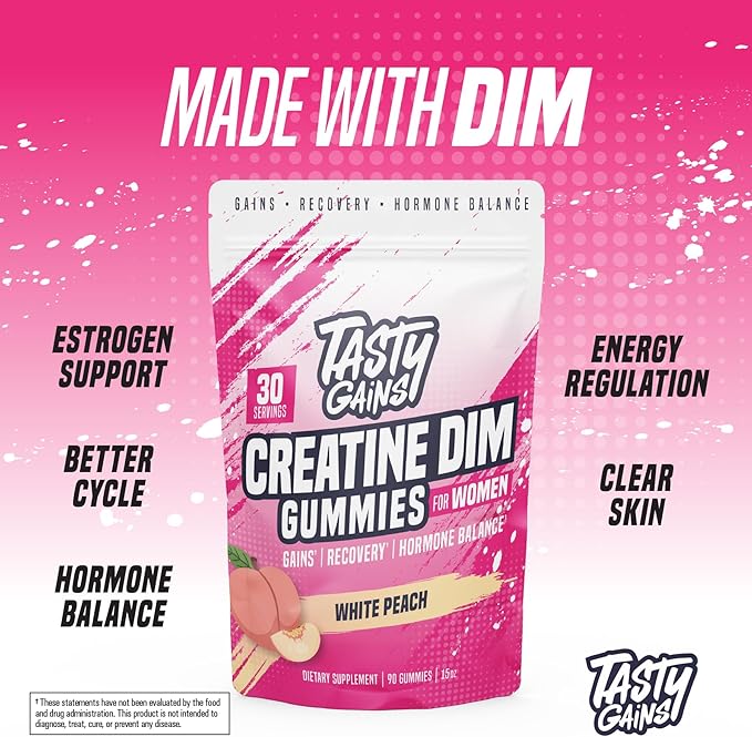 Creatine Gummies for women | 3g Creatine Monohydrate Per Serving | DIM Supplement 100 mg | Estrogen Balance for Women | Hormonal Acne Hormone Balance Glute Builder (90 Count Pineapple Mango)