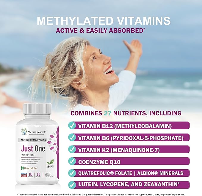 Just One Daily Methylated Multivitamin - Iron-Free with Methyl B12 &amp Quatrefolic Methylfolate - Methylation Support for Men &amp Women - 2-Pack Best Value 120 Vegan Capsules (4-Month Supply)