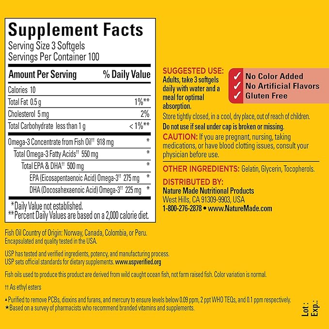 Nature Made Omega 3 Fish Oil Supplements550mg Per ServingFish Oil Omega 3 Supplements as Ethyl Esters for Healthy Heart Support300 Softgels100 Day Supply(Pack of 2)