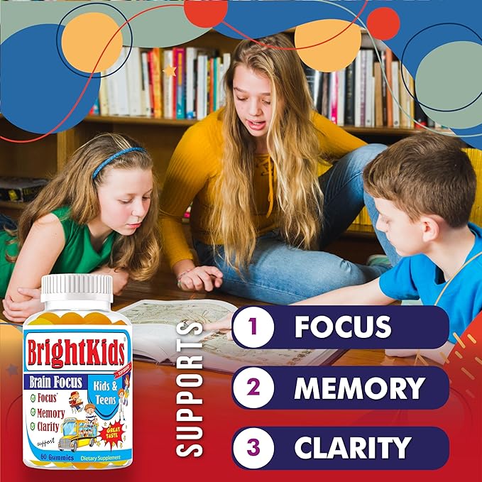 BrightKids Focus Gummies for Kids &amp Teens – Brain Gummies for Memory and Focus Omega 3 DHA Brain Vitamins for Kids Attention &amp Learning Support Supplement Drug-Free Made in USA 60 Count