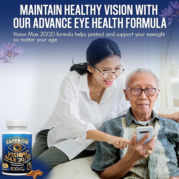 EXIR Eye Vitamin Supplement | Saffron Curcumin Astazanthin - Supports Eye Health Visual Comfort &amp Focus VM20-30 Capsules