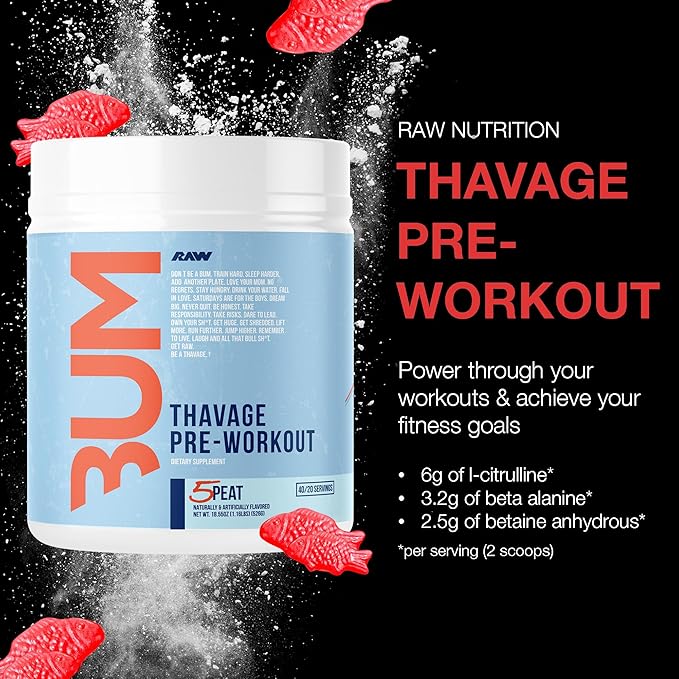 RAW Pre Workout Powder Thavage (5 Peat Red Gummy) - Chris Bumstead Sports Nutrition Supplement for Men &amp Women - Cbum Pre Workout for Working Out Hydration Mental Focus &amp Energy - 40 Servi