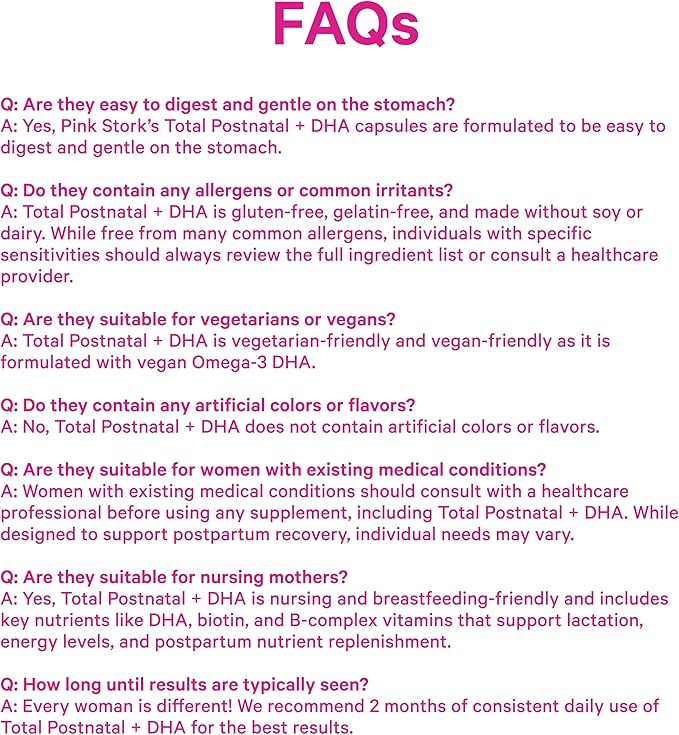 Pink Stork Total Postnatal Vitamins for Women | Vegan DHA Iron Folate B12 | Postpartum Recovery Essentials | Lactation Support for Breastfeeding Moms | Clean Label Award Winner - 60 Capsules Mint