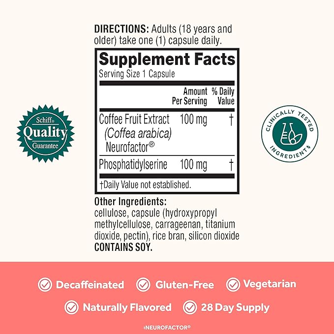 NEURIVA Original Decaffeinated Clinically Tested Nootropic Brain Supplement for Memory Focus &amp Concentration NeuroFactor &amp Phosphatidylserine 28ct Capsules