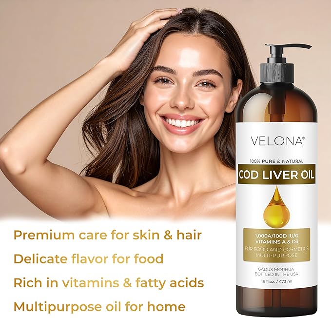 velona Cod Liver Oil - 1 Gallon / 128 Fl Oz | 1000A/100D IU/g Omega 3 Vitamins A &amp D3 | Norwegian Arctic Sustainably Sourced Nordic Oil | Hair Body and Skin Care | Use Today - Enjoy Results