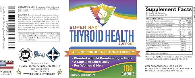 Thyroid Support (3-Month) Supplement All-in-1 with 14 Active Ingredients in 1 Formula | Thyroid Health Support Supplements | Women &amp Men | 90-Day Bulk Supply | 180 Capsules