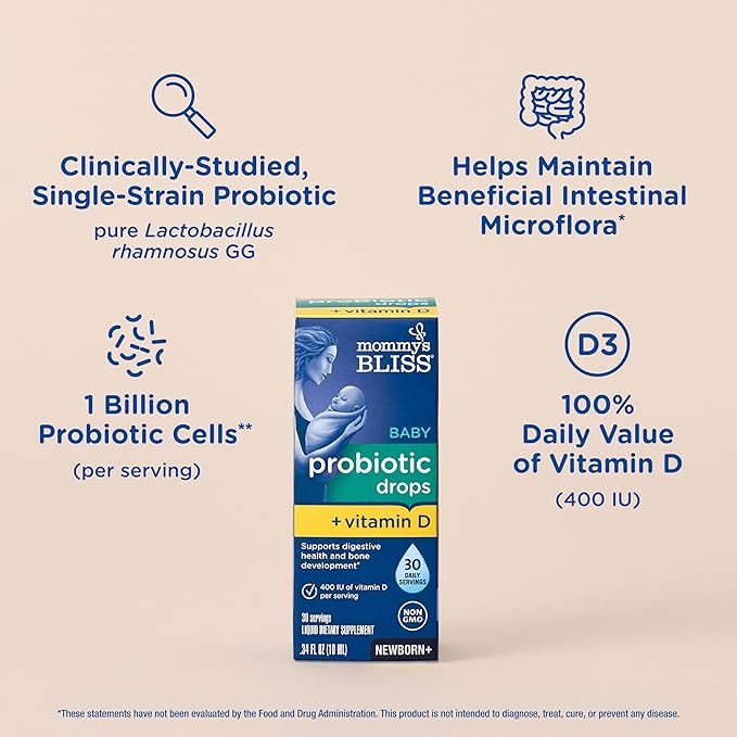 Mommy's Bliss Baby Probiotics + Vitamin D DropsSupports Digestive Health &amp Immune Function*400IU Vitamin DSupports Bone Development*Newborns+Flavorless0.34 Fl Oz (30 Servings)(Pack of 2)
