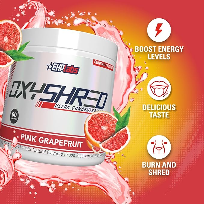 EHP Labs OxyShred Pre Workout Powder - Preworkout Powder with L Glutamine &amp Acetyl L Carnitine Energy Boost Drink - Pink Grapefruit 60 Servings