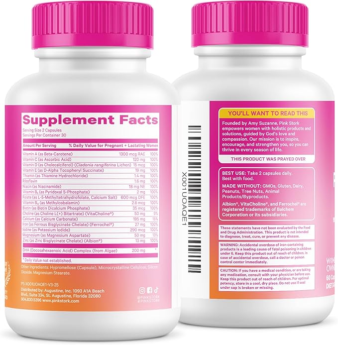 Pink Stork Total Prenatal Vitamins with DHA Folate Iron Choline and Vitamin B12 - Prenatals for Women to Support Fetal Development Pregnancy Essentials Berry Essence 60 Capsules 1 Month Supply