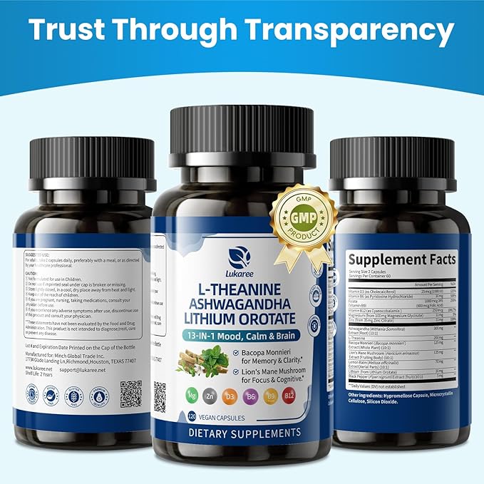 Lithium Orotate 5/10mg L-Theanine 200mg Ashwagandha 300mg - Mood Focus Memory Brain Supplements with Bacopa Monnieri Lion’s Mane Magnesium Zinc D3 B6 Folate B12 - 120 Vegan Capsules 2 Months