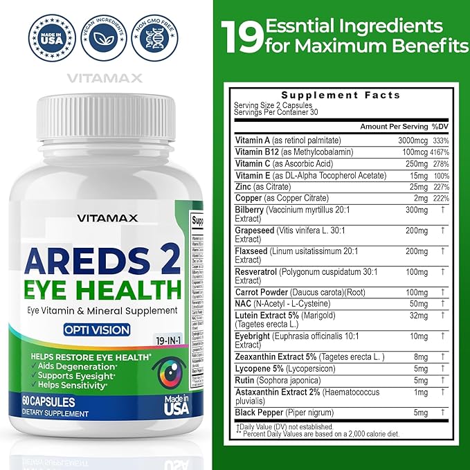 AREDS 2 Eye Vitamins - Lutein Zeaxanthin Bilberry Astaxanthin Mineral Vision Supplement - Supports Eye Strain Dry Eyes Pressure and Vision Health - Made in USA - 120ct