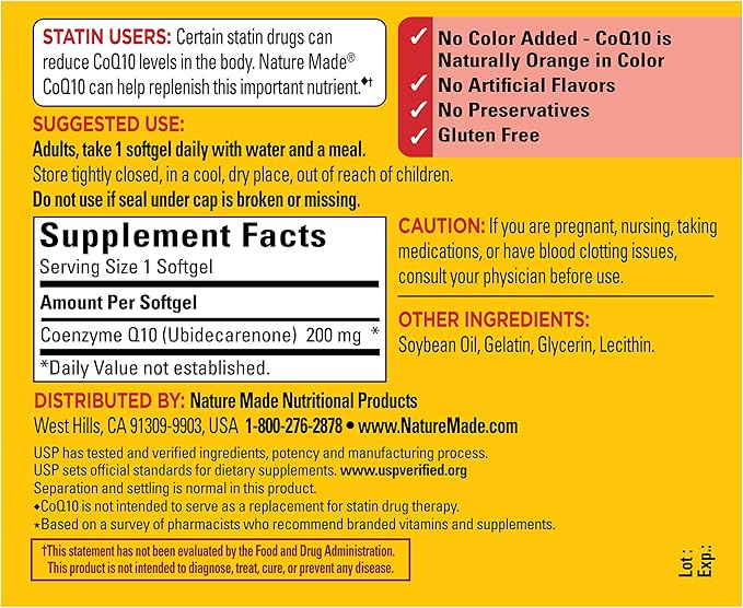 Nature Made CoQ10 200mg Softgels Dietary Supplement for Heart Health Support 80 Softgels 80 Day Supply
