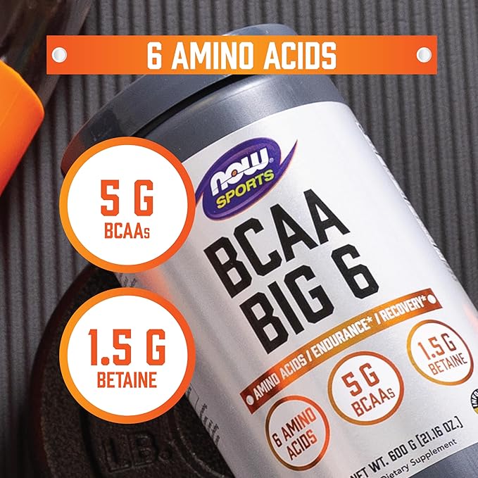 NOW Foods Sports Nutrition BCAA (Branched Chain Amino Acids) Big 6 Watermelon Flavor 600 Grams