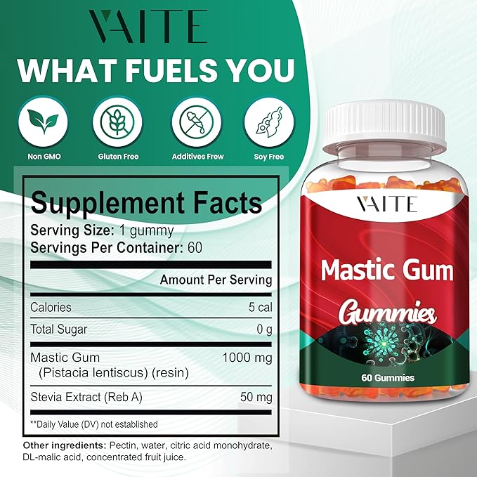 Mastic Gum Gummies 1000mg - Digestive Support Supplement Pistacia Lentiscus Resin Vegan Gluten-Free Non-GMO Gut Health &amp Stomach Comfort 60 Gummies Stomach Relief &amp Digestive Aid
