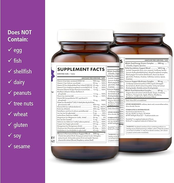 PURE ESSENCE LABS One N Only Multivitamin for Women Natural One a Day Herbal Supplement with Vitamin D3 B12 and Biotin with Whole Foods 90 Tablets