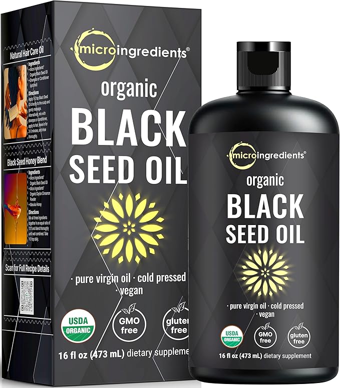 Micro Ingredients Black Seed Oil Organic Cold Pressed 16 fl oz | Rich in Thymoquinone &amp Omega 3 6 9 | Unrefined from Nigella Sativa Seeds | Immune Hair &amp Skin Support* | Non-GMO - 3 Months S