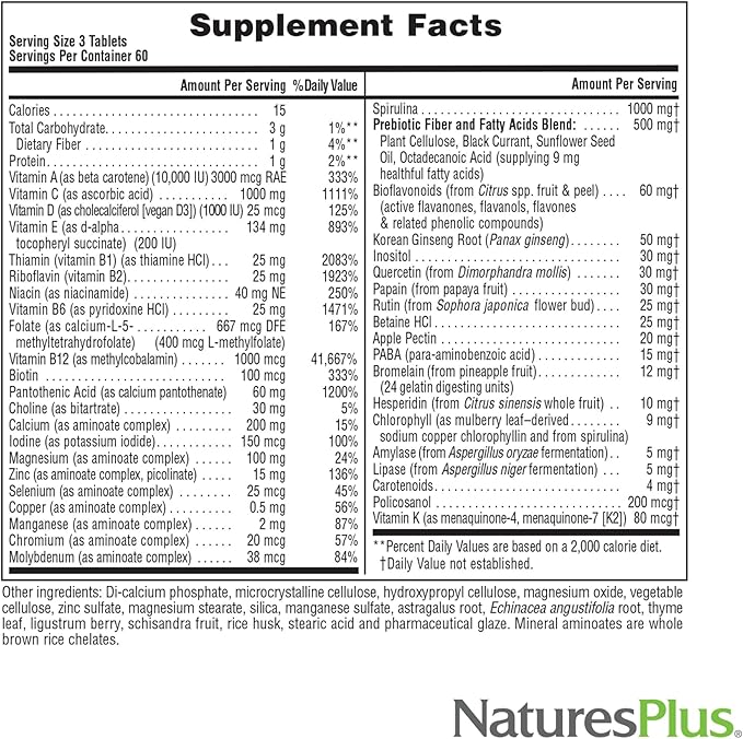 NaturesPlus Source of Life No Iron - 180 Tablets Pack of 2 - Multivitamin &amp Mineral Supplement with Vitamin D3 - Supports Energy &amp Well-Being - Gluten Free Vegetarian - 120 Total Servings
