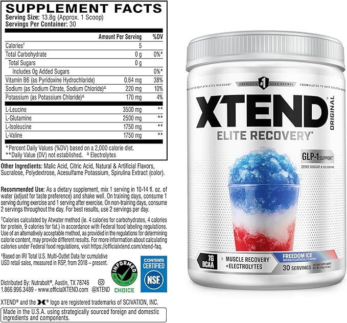 Xtend Original BCAA Powder 7g BCAAs and 2.5g L-Glutamine for Muscle Recovery Hydration and Lean Muscle Sugar Free Intra and Post Workout Drink with Electrolytes Freedom Ice 30 Servings