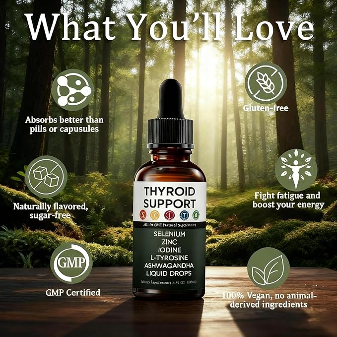 Kindled Thyroid Support Drops Actora Thyroid Support Liquid Supplement with Selenium Zinc Iodine L-Tyrosine Ashwagandha - 4 fl. oz. (120mL) (1)
