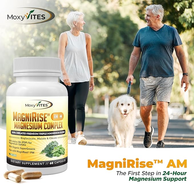 MoxyVites MagniRise™ AM– Magnesium Complex for Women &amp Men - 200mg Magnesium Bisglycinate Malate Citrate B6 Organic SuperGreens – Chelated High Absorption – Pairs with MagniRest™ PM – 60 Caps