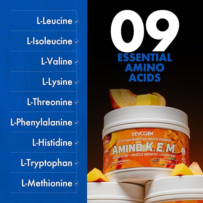 Evogen Amino K.E.M. - EAA &amp BCAA Powder Pump Volumizer | BCAAs Amino Acids Supplement for Blood Flow Muscle Growth &amp Hydration | Peach Mango | 30 Servings