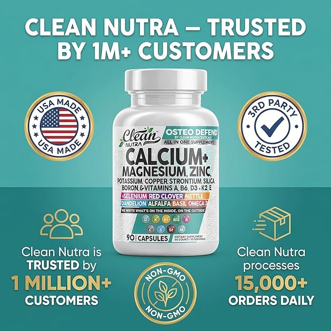 Allin1 Calcium Magnesium Zinc Supplement with Potassium Copper Strontium Silica Vitamin D3 K2 Boron Vitamin B1 B12 Red Clover Herb Alfalfa Basil Pills for Men &amp Women Clean Nutra Osteo Defen