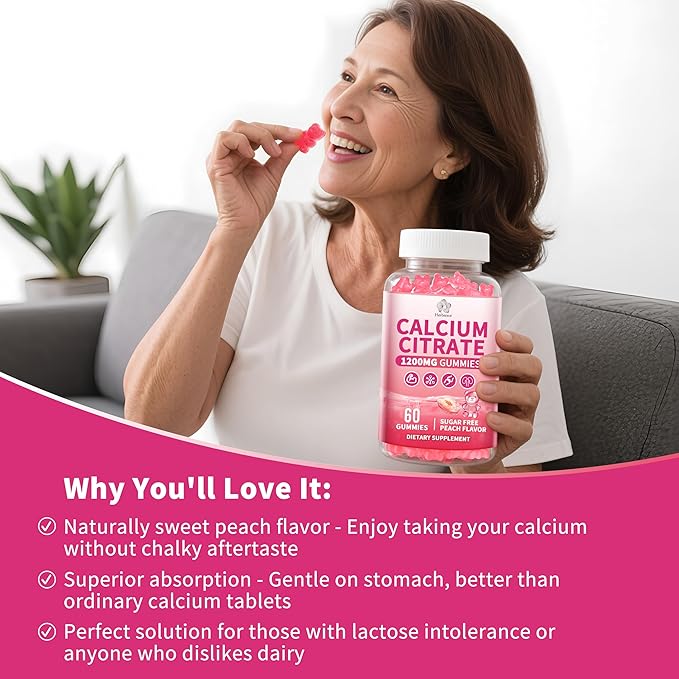 (3 Pack) Calcium Citrate Gummies 1200 mg for Adults High Absorption Calcium Supplement for Women &amp Men Sugar Free Non-GMO Gluten Free Supports Muscle &amp Immune - Natural Peach Flavor