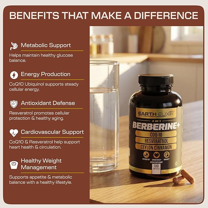 Earth Elixir 4-in-1 Berberine Supplement – Organic Berberine with Ceylon Cinnamon CoQ10 Ubiquinol and Resveratrol Powder – Metabolic &amp Cellular Energy Support 180 Vegan Capsules