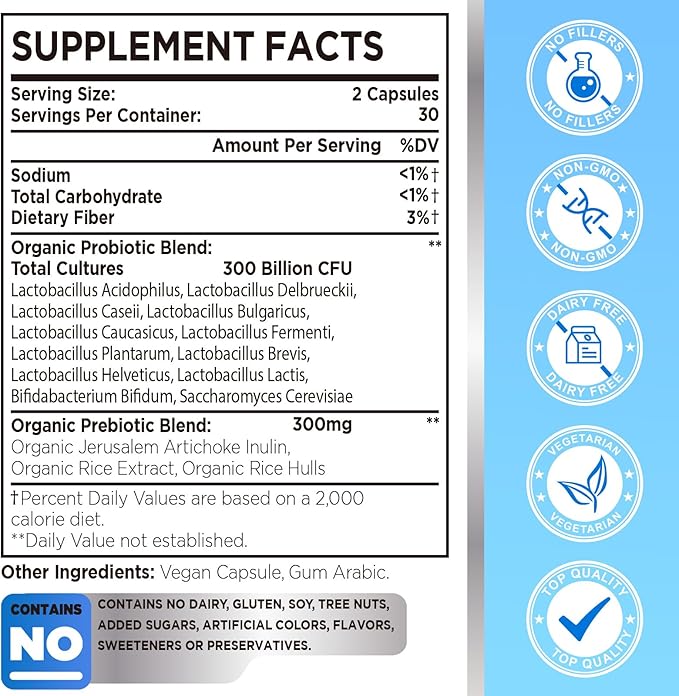 300 Billion CFU Probiotic 12 Strains with 3 Organic Prebiotics Probiotics for Women and Men Daily Supplement for Digestive Immune Gut &amp Bloating Health Shelf Stable Vegan 120 Capsule