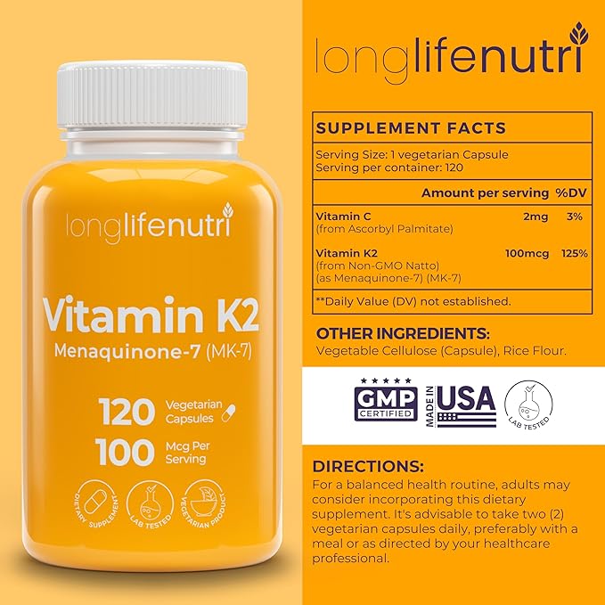 LongLifeNutri Vitamin K2 MK-7 100mcg – Nutrient Support for Bones and Circulation 120 Vegetarian Capsules 4-Month Supply Lab Tested Made in the USA Non-GMO