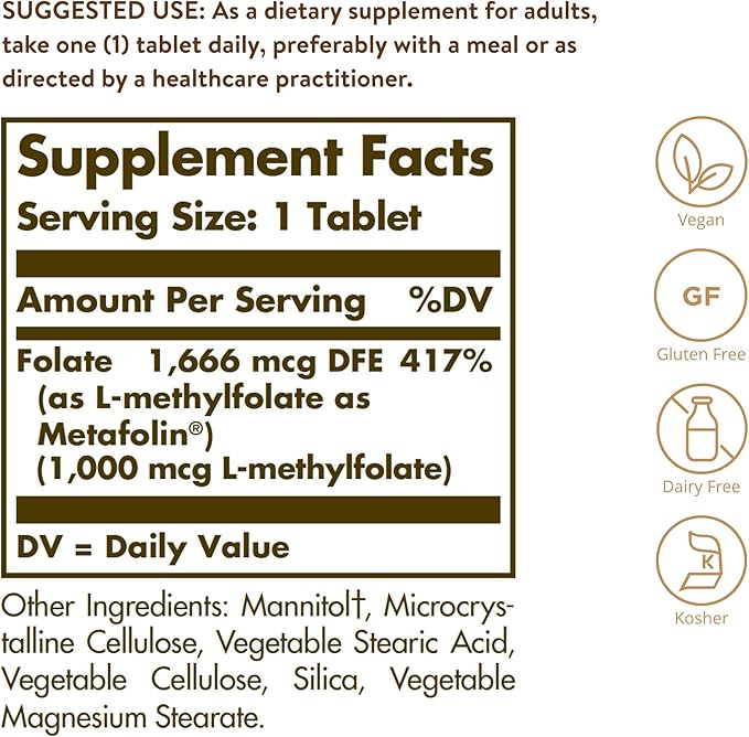 Solgar Folate 1000 mcg 120 Tablets - 1000 mcg Bio-active Metafolin - Vegan Gluten Free Dairy Free Kosher - 120 Servings