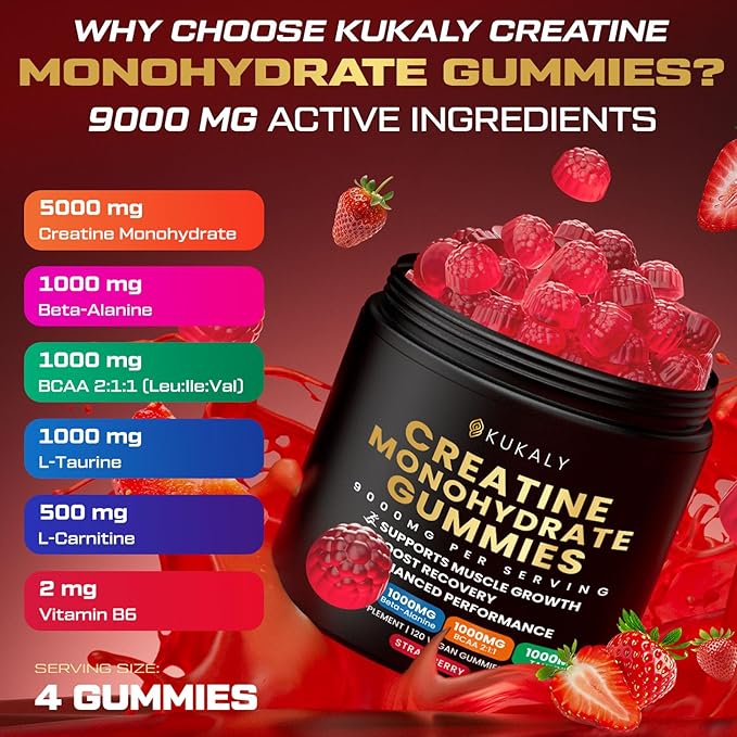 Creatine Monohydrate Gummies for Men &amp Women 9000MG Creatine Gummies Sugar Free with L-Taurine BCAA 2:1 B12 B6 for Boost Strength Focus &amp Endurance Vegan Non-GMO Strawberry 120pcs