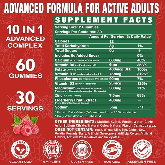 High Absorption Calcium Magnesium Zinc Gummies Sugar Free Calcium Magnesium Zinc Supplement with D3 | Bone &amp Teeth Strength | Muscle &amp Nerve Function | Vegan | Raspberry Flavor | 2 Pack